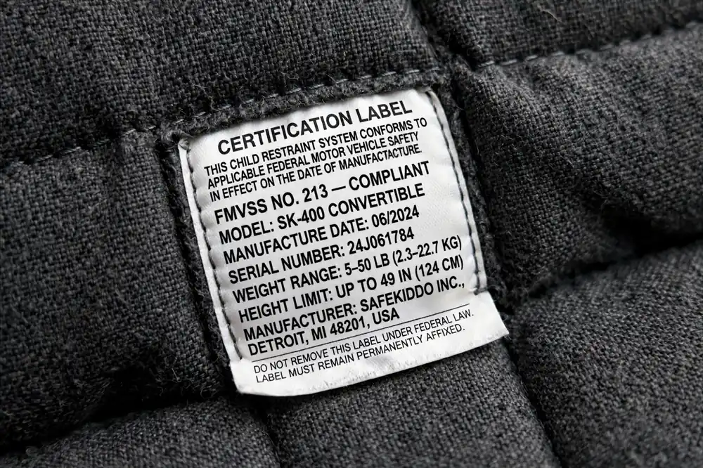 Close-up of a car seat certification label showing the federal conformity statement and the manufactured-in date