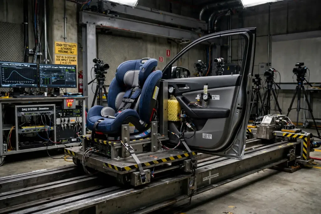 NHTSA side-impact sled test setup with a car seat on the sliding test bench and the simulated door beside it