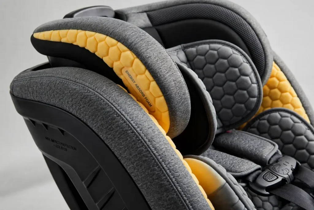 Deep side wings and energy-absorbing foam padding around the head area of a new car seat