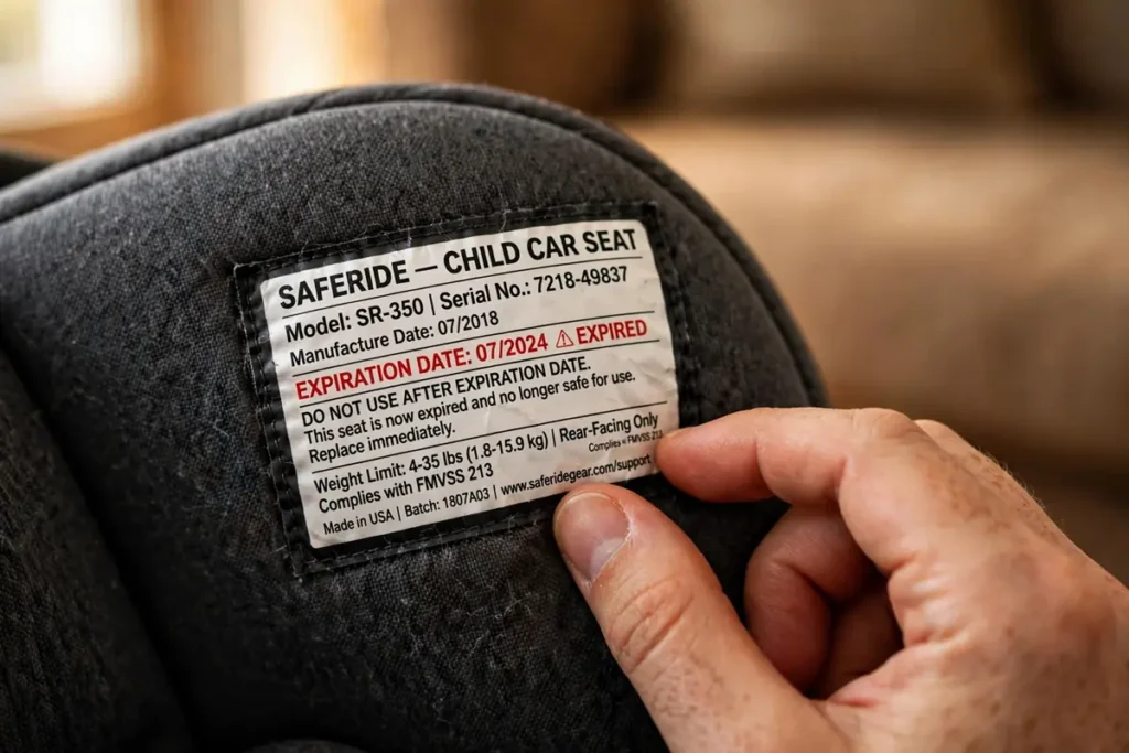 Close-up of an expired car seat manufacture label showing the expiration date, with a parent checking it at home