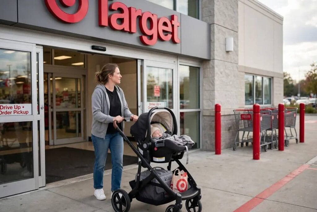Parent pushing a new travel system out of a Target store
