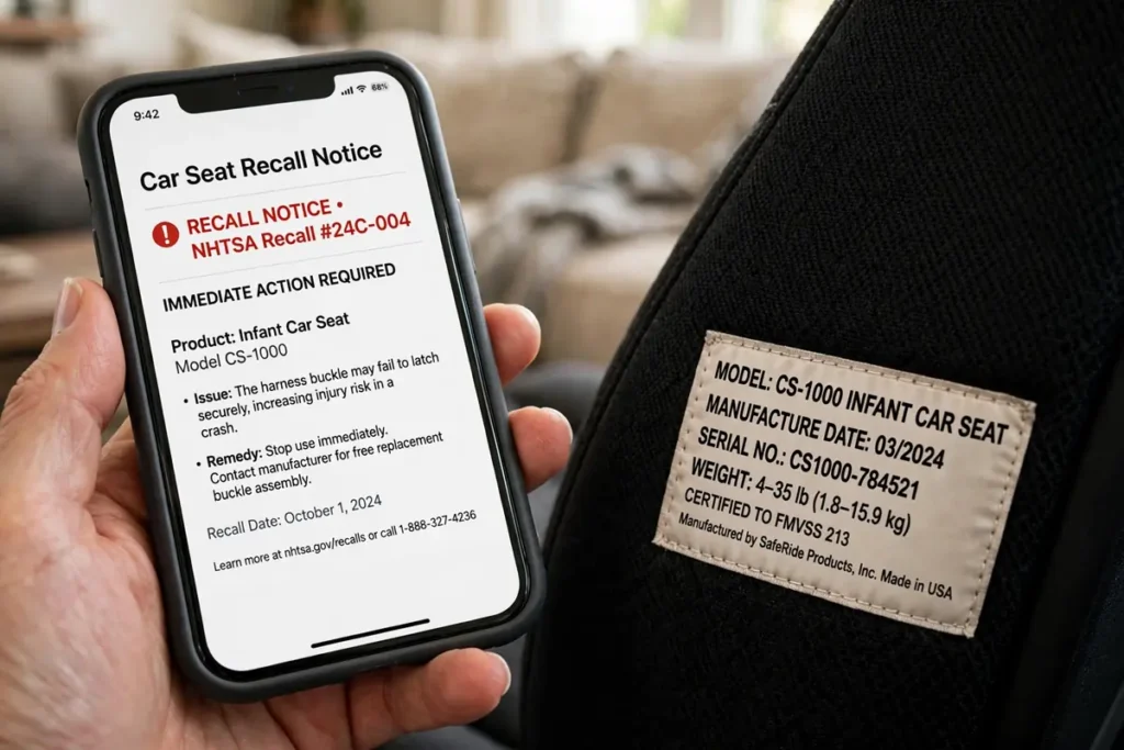 Parent checking a car seat model label and manufacture date against a recall notice on a phone