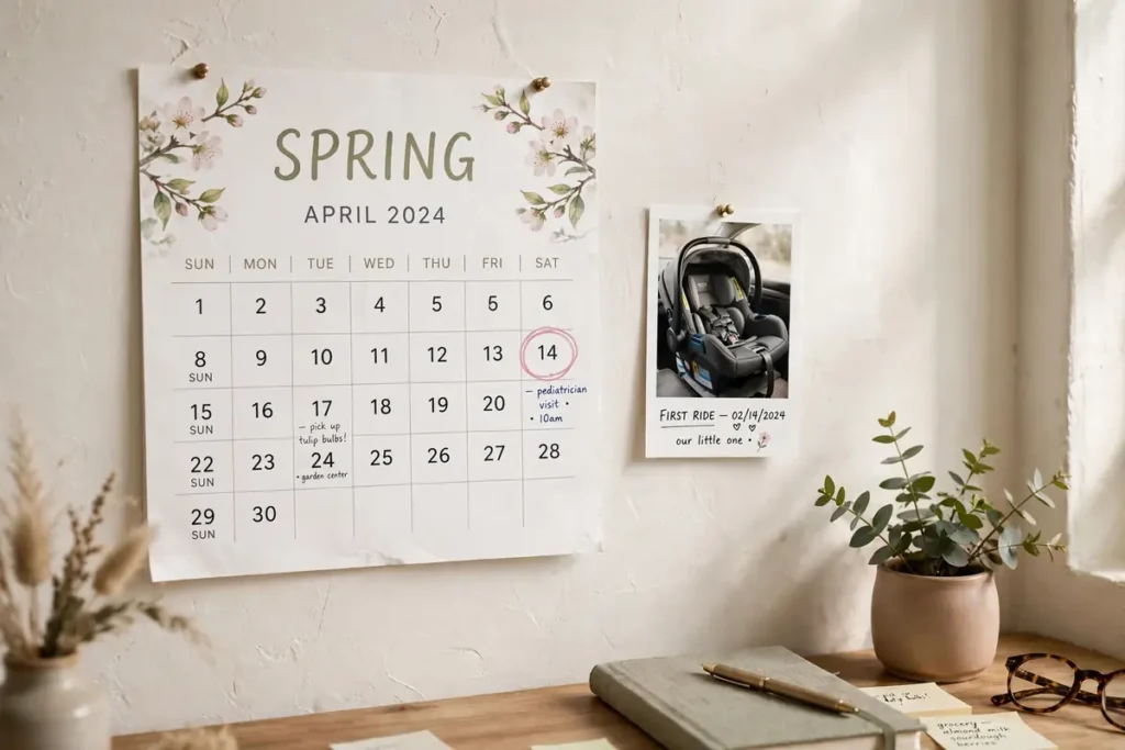 Calendar page for spring with a car seat photo beside it